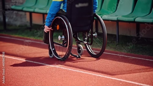 Anonymous Disabled athlete man with defective legs rides in a wheelchair on the street of the stadium outside dressed in sportswear Former athlete
