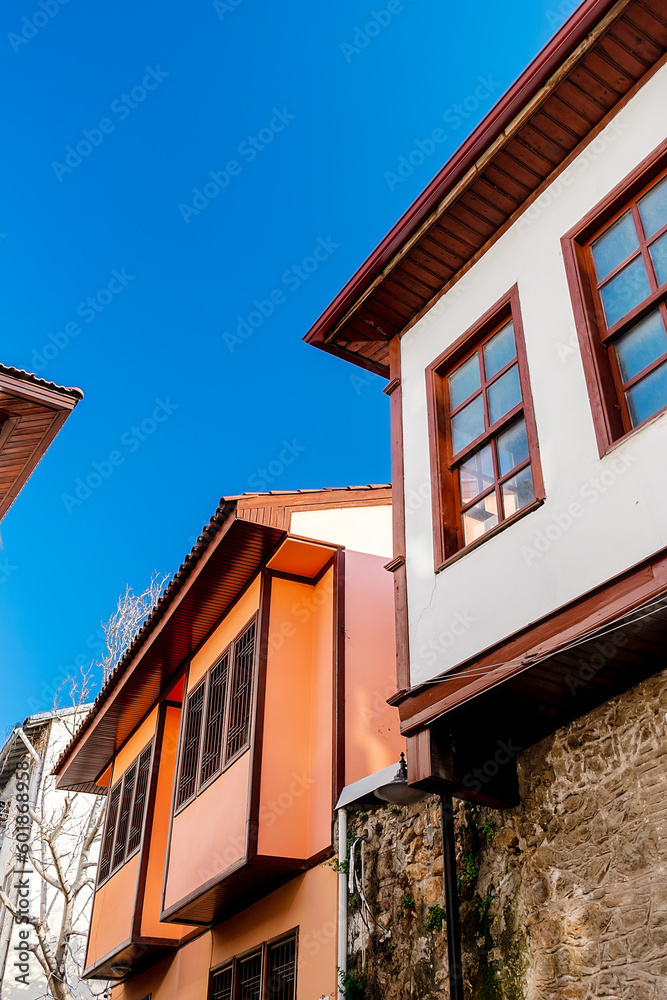 Turkey. Street in the city of Antalya. Old street. An old restored house at sunset.