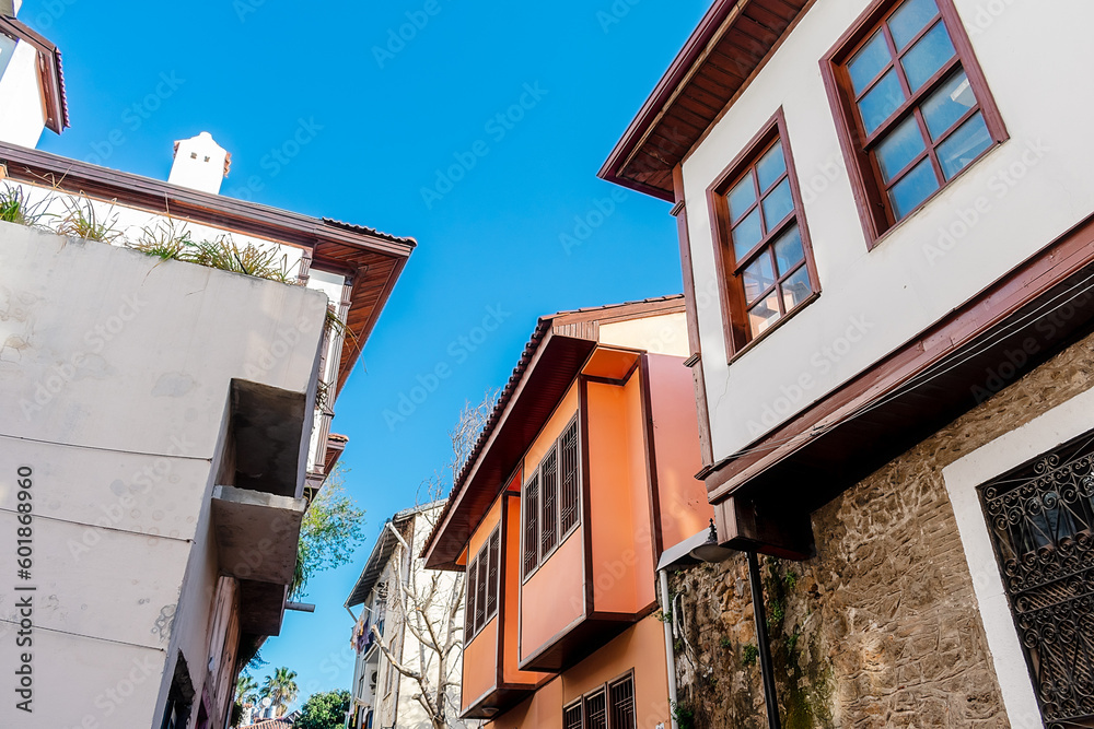 Turkey. Street in the city of Antalya. Old street. An old restored house at sunset.