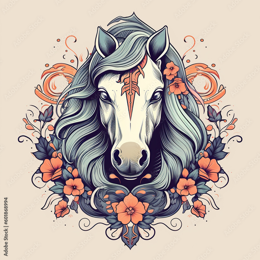 pony tattoo, fine lines, modern design trend. Vibrant colors. AI generated image.