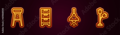 Set line Chair, Chest of drawers, Lamp hanging and Floor lamp. Glowing neon icon. Vector