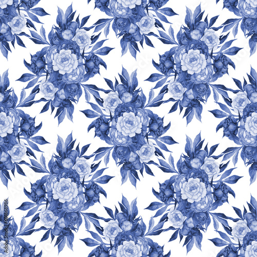 Seamless Pattern Watercolor, Floral Textile Design, Elegant Monochrome blue illustration with peonies and leaves