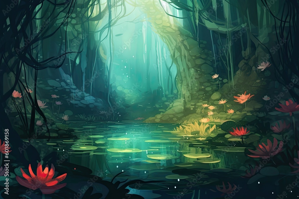 serene forest landscape with blooming water lilies Generative AI