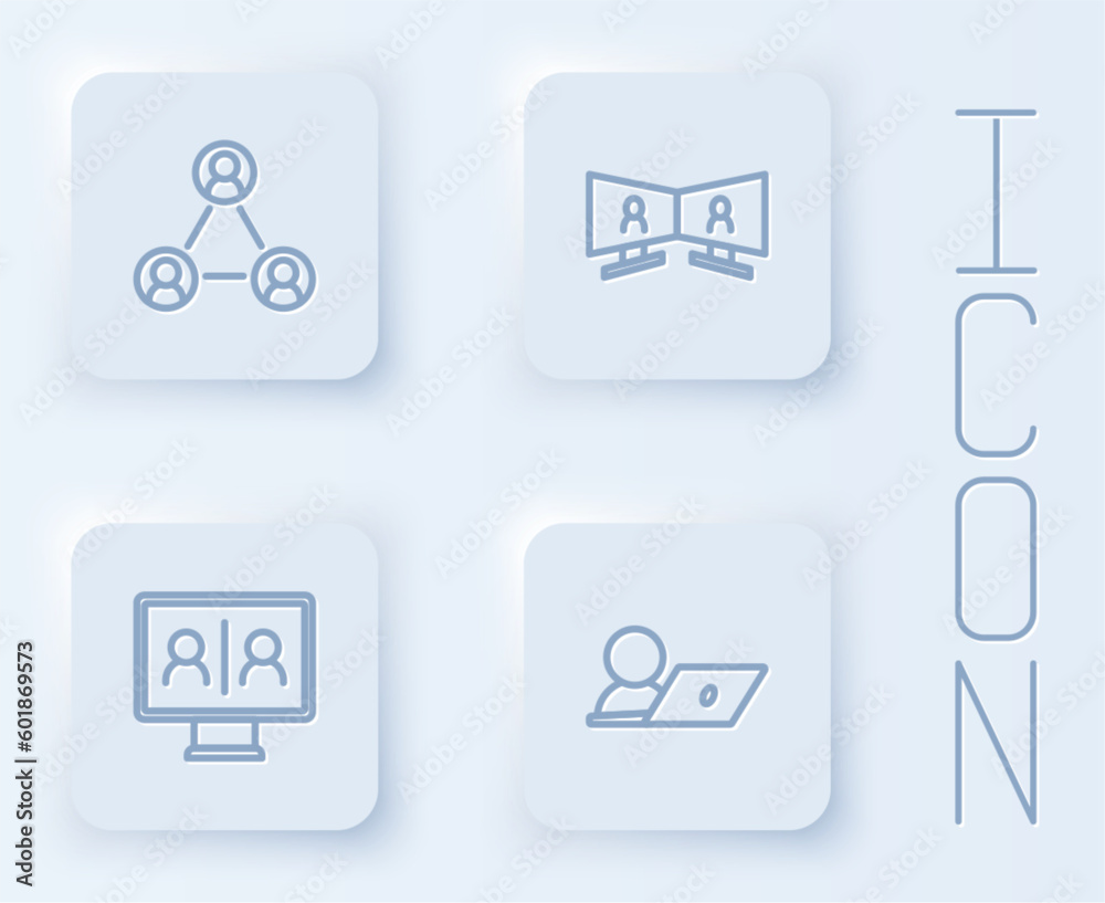Set line Meeting, Video chat conference, and . White square button. Vector Set line Meeting, Video chat conference, and . White square button. Vector