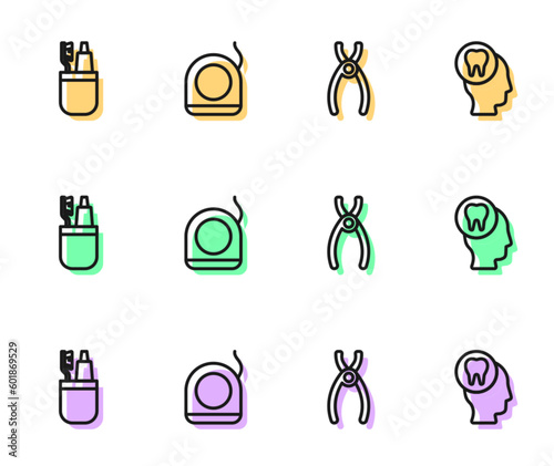 Set line Dental pliers, Toothbrush and toothpaste, floss and Toothache icon. Vector