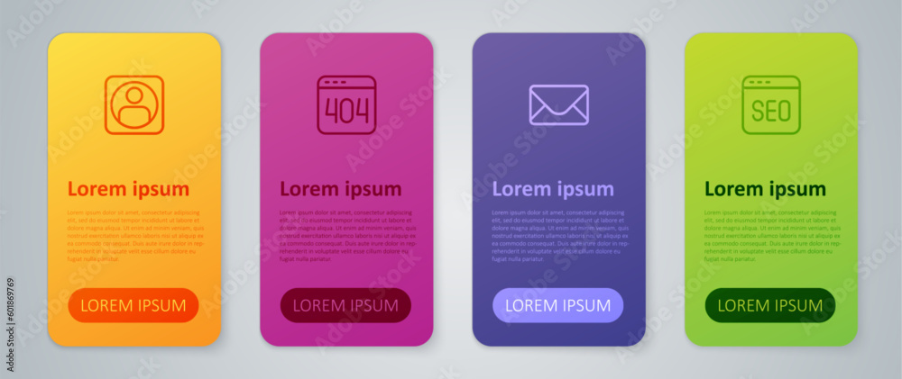 Set line Mail and e-mail, SEO optimization, Create account screen and Page with 404 error. Business infographic template. Vector Set line Mail and e-mail, SEO optimization, Create account screen and Page with 404 error. Business infographic template. Vector