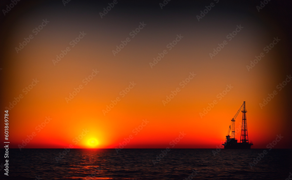 Oil drilling rig on the sea at sunset. Oil and gas industry. Generative AI.