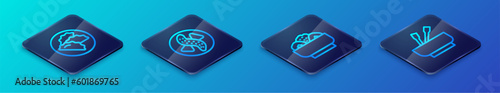 Set Isometric line Chow mein on plate, Dumpling, Asian noodles bowl and Served cucumber icon. Vector