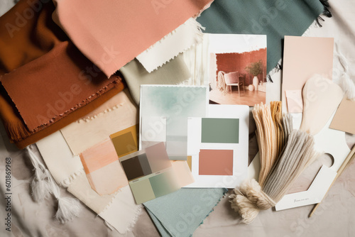 Interior design mood board with fabric and paint swatches, ai