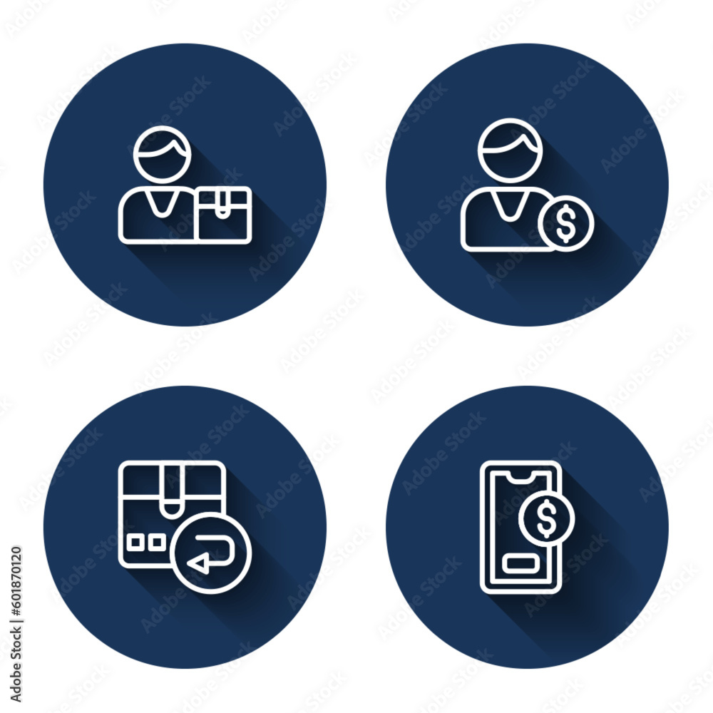 Set line Buyer, Return cardboard box and Mobile with dollar with long shadow. Blue circle button. Vector Set line Buyer, Return cardboard box and Mobile with dollar with long shadow. Blue circle button. Vector