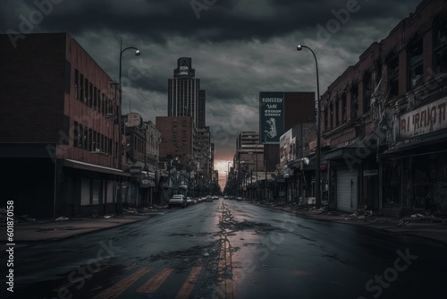 A dark and gloomy city skyline with empty streets  Desolate Cityscape  The Calm Before the Storm  Generative AI