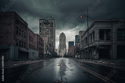 A dark and gloomy city skyline with empty streets, Desolate Cityscape: The Calm Before the Storm, Generative AI © Fredd_38
