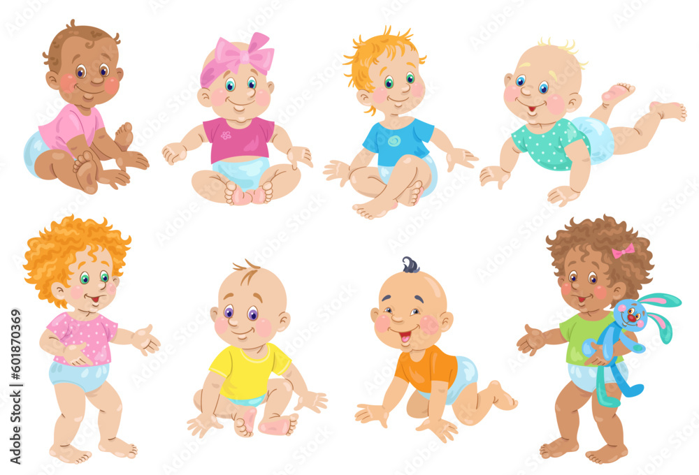 Set of cute kids. Eight happy little children of different skin colors in different poses. In cartoon style. Isolated on white background. Vector illustration Set of cute kids. Eight happy little children of different skin colors in different poses. In cartoon style. Isolated on white background. Vector illustration