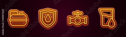 Set line Canister for gasoline, Oil drop on shield, pipe with valve and petrol test tube. Glowing neon icon. Vector