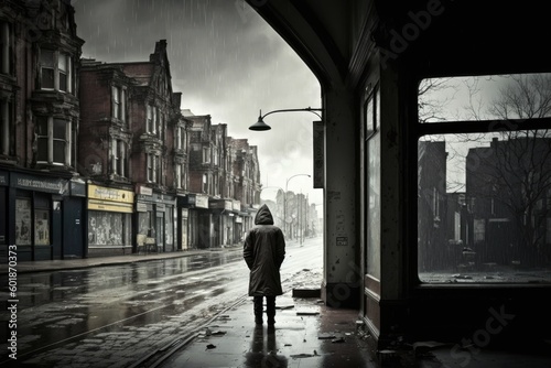 Illustration of a person standing in a desolate city street, Urban Decay, A Desolate Cityscape, Generative AI
