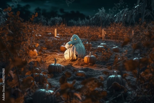 White ghost in a pumpkin patch at night illustration. Generative AI