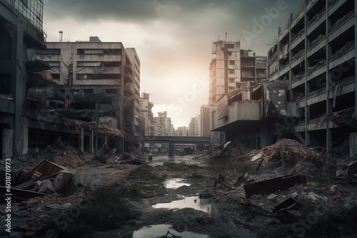 A bleak urban landscape in a future after a disaster. Generative AI