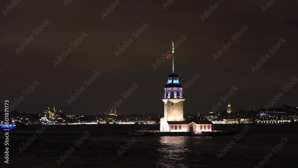 New Maiden's Tower (Yeni Kiz Kulesi) Istanbul, Turkey. with a colorful beautiful and light show after restoration opened. Historical building is best touristic and famous lovely travel destination. New Maiden's Tower (Yeni Kiz Kulesi) Istanbul, Turkey. with a colorful beautiful and light show after restoration opened. Historical building is best touristic and famous lovely travel destination.