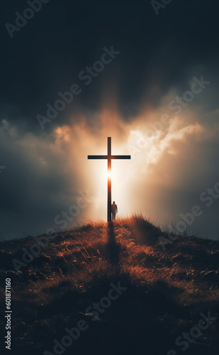 A person standing in front of a cross on top of a hill. Generative AI.