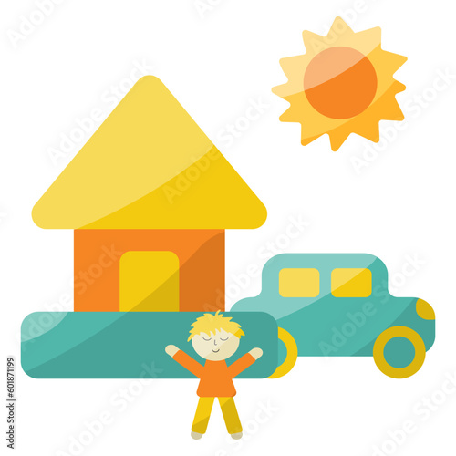 house car man sun yard yellow green orange composition