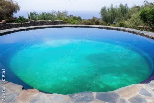 tranquil swimming pool with a striking blue centerpiece Generative AI © AkuAku