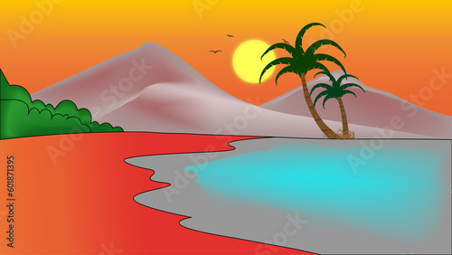 Fotografie, Tablou Tropical island with palm trees, mountain and sunset.
