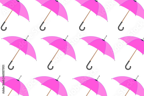Trendy pattern with umbrellas. A set of modern pink umbrellas on a white background	