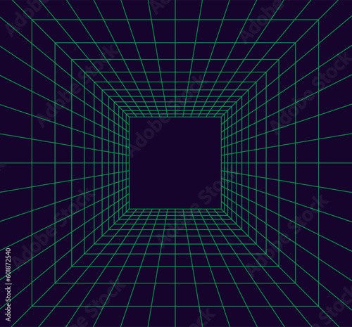 Fototapeta Naklejka Na Ścianę i Meble -  Grid room in perspective in 3d style. Indoor wireframe from green laser beam,  digital empty box. Abstract geometric design