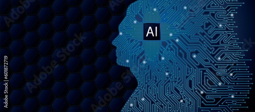 Circuit board in light blue lines and dots with microprocessor with letters AI inside the blue silhouette of a man's head against a background of dark hexagons. Artificial intelligence concept