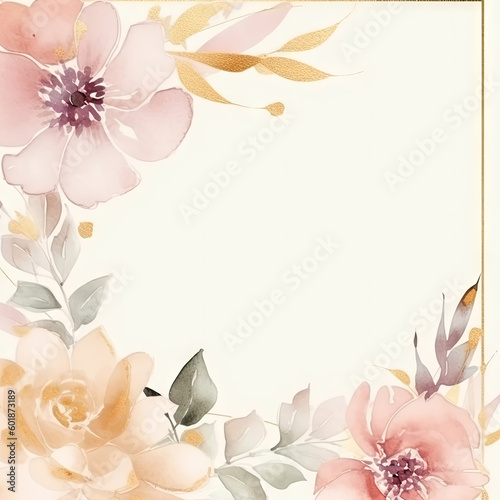 Hand-drawn bouquet of pink flowers and leaves. Watercolor mockup, top view. Greeting card with tender flowers and empty copy space for text. AI generative
