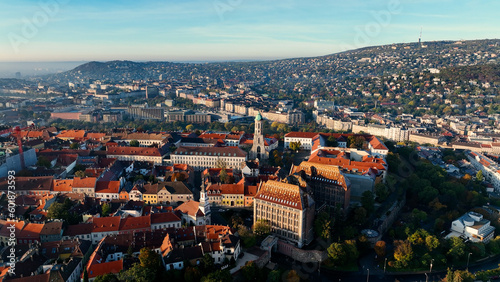 Aerial view of Budapest city skyline. Church of Mary Magdalene of Buda, one of the oldest churches of the Varkerulet District, Buda Castle District