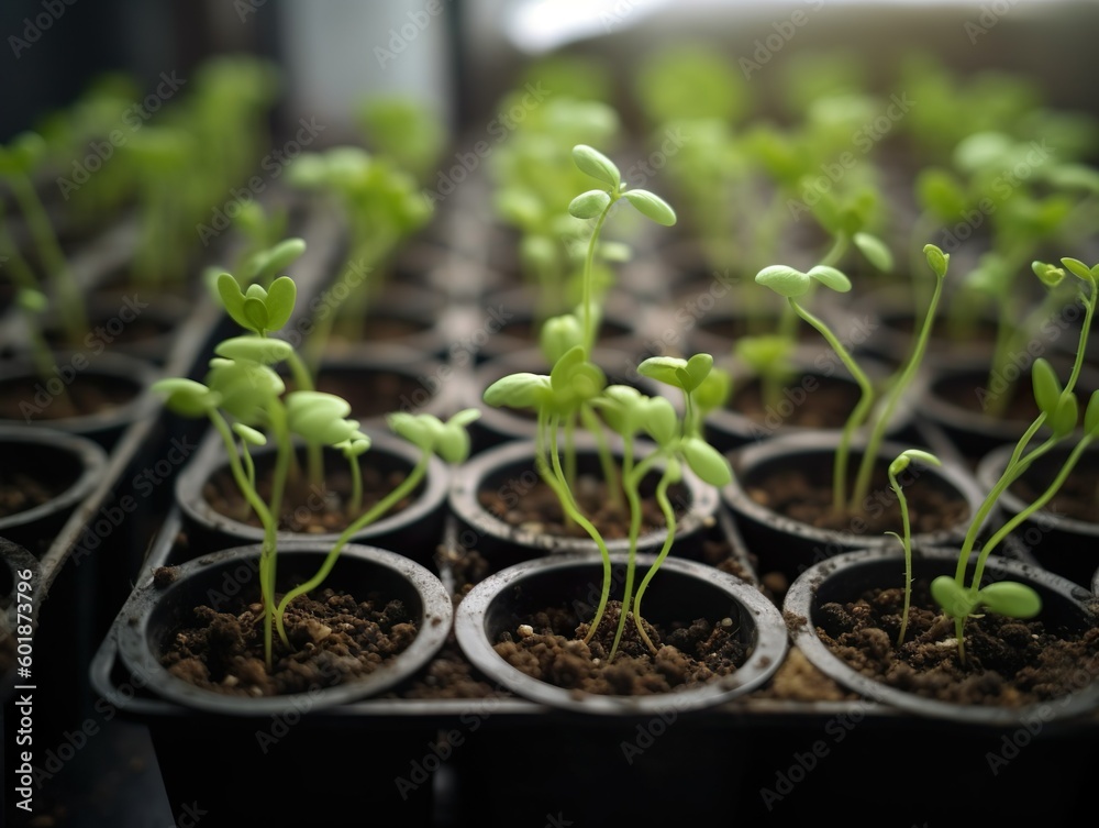 Young green tomato seedling sprouts in seedling pots. Growing vegetables on the farm. Generative Ai technology. Young green tomato seedling sprouts in seedling pots. Growing vegetables on the farm. Generative Ai technology.