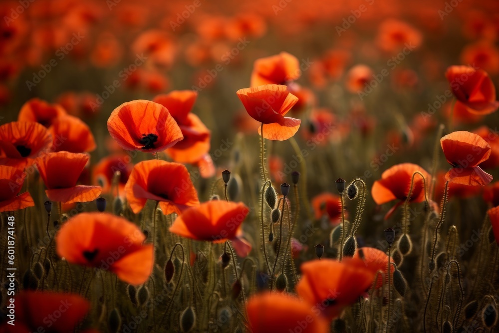 Fototapeta premium An image of a field filled with vibrant red poppies in full bloom. Generative Ai