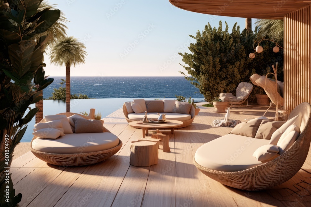 Obraz premium A captivating image of a chic poolside lounge area, offering a perfect blend of lavish design and awe-inspiring ocean views for an unforgettable summer experience. Generative AI