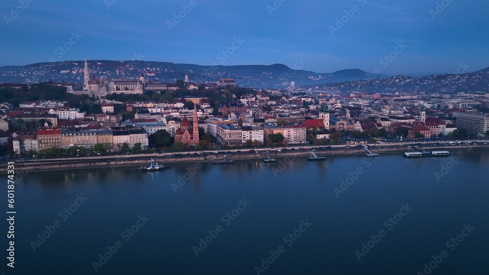 Budapest city sunrise skyline, aerial view. Danube river, Buda side, Hungary