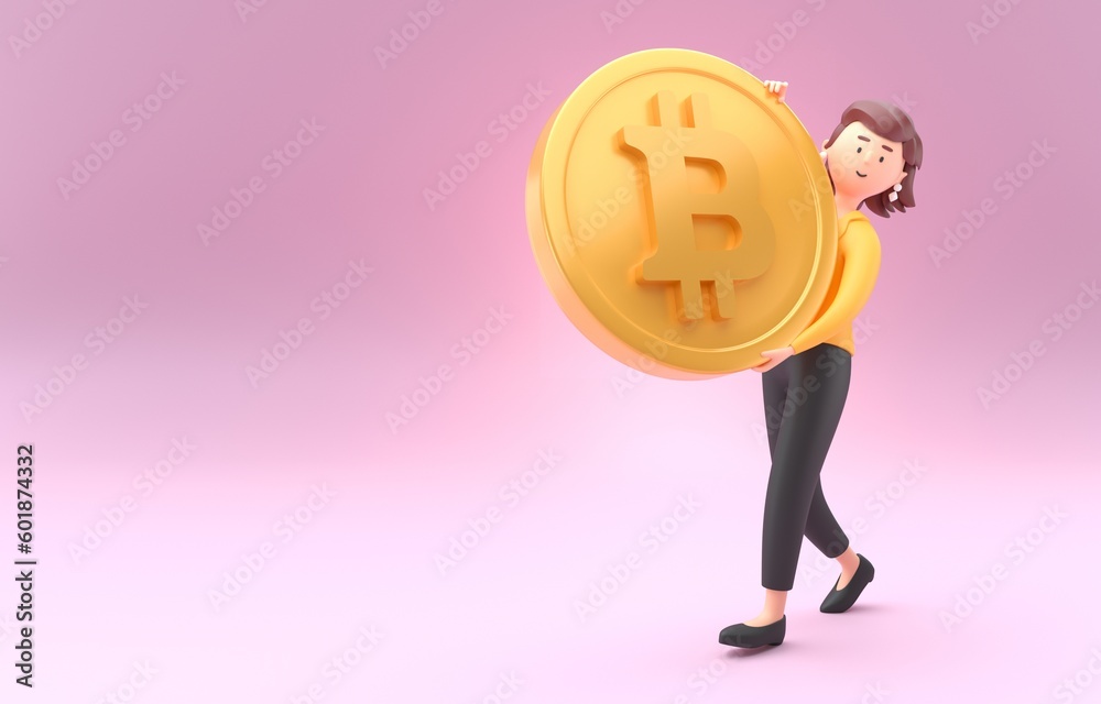 Woman Carrying a Giant Bitcoin. 3D Illustration Woman Carrying a Giant Bitcoin. 3D Illustration