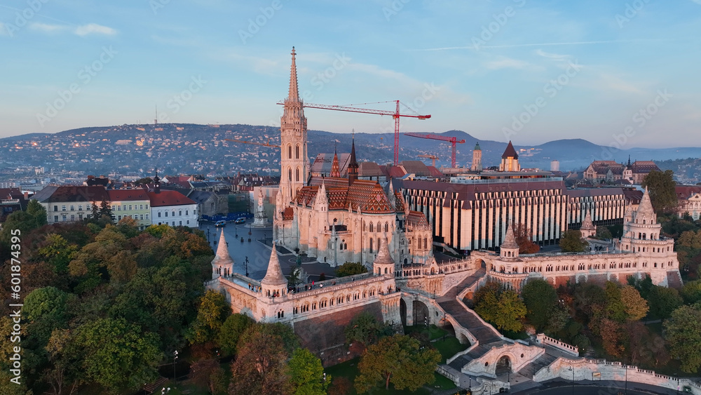 Establishing Aerial View Shot of Fishermans Bastion and Matthias church at sunrise. Budapest, Hungary