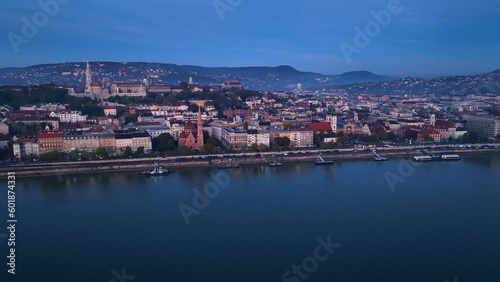 Budapest city sunrise skyline, aerial view. Danube river, Buda side, Hungary