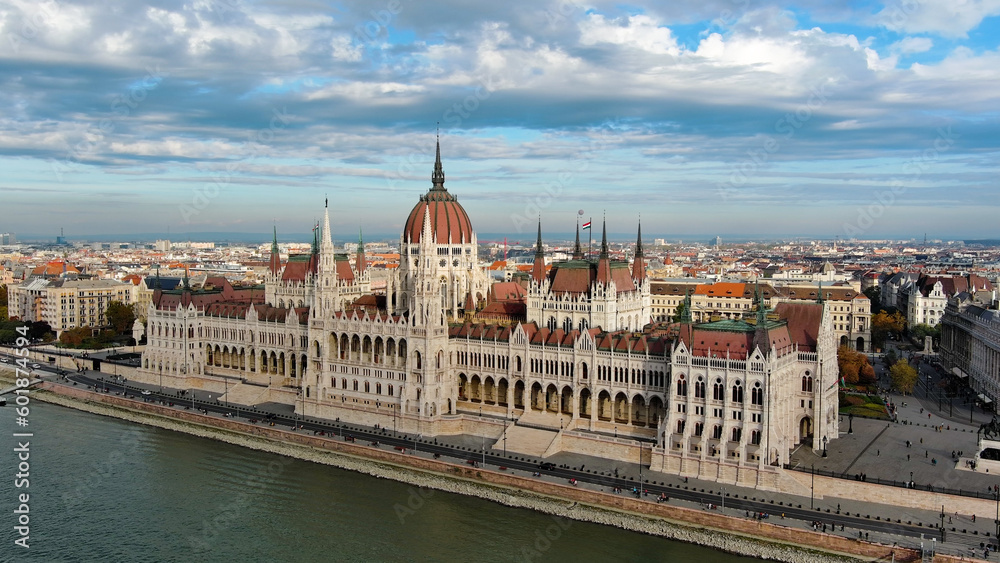 Fototapeta premium Aerial view of Hungarian Parliament Building in Budapest. Hungary Capital Cityscape at daytime