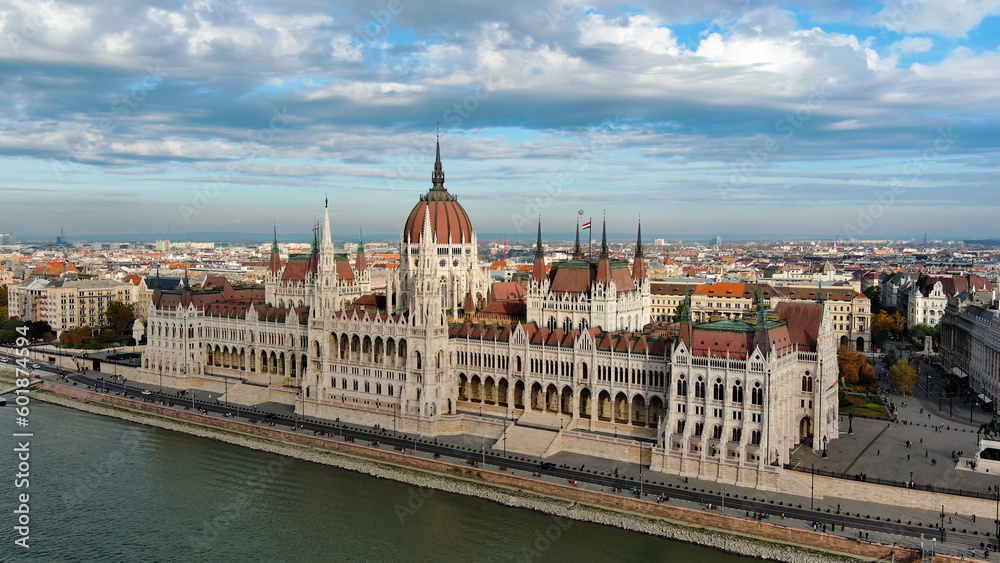 Aerial view of Hungarian Parliament Building in Budapest. Hungary Capital Cityscape at daytime