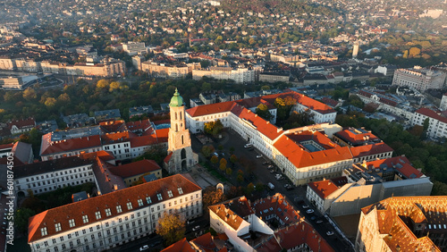 Aerial view of Budapest city skyline. Church of Mary Magdalene of Buda, one of the oldest churches of the Varkerulet District, Buda Castle District