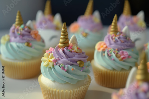 Cute unicorn theme birthday party cupcakes, ai © Kateryna
