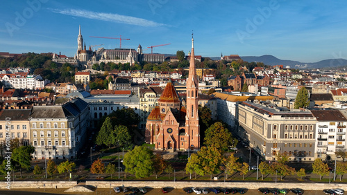 Aerial view of Budapest city skyline, Szilagyi Dezso Square Reformed Church is a Protestant church in Budapest, Hungary