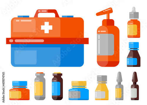 Big set of first aid kit with nasal drops, bottles with pills, sprey for throat, ampules and other medicine for healthcare. Illustration for websites, mobile applications and banners. Medical concept