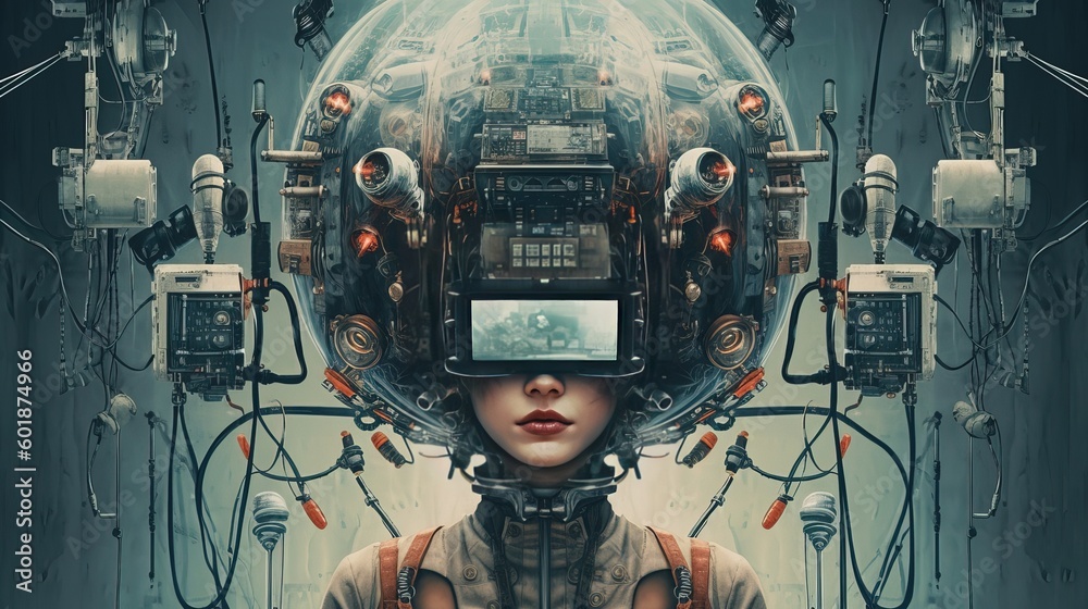 Woman head covered in electronic devices. Machine aesthetics. Cyberpunk surreal sci-fi illustration. Technology takeover concept. Generative AI. - obrazy, fototapety, plakaty 