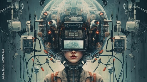 Woman head covered in electronic devices. Machine aesthetics. Cyberpunk surreal sci-fi illustration. Technology takeover concept. Generative AI.