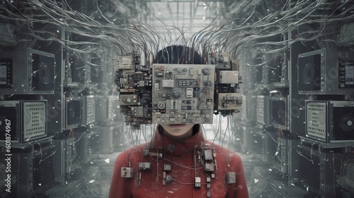 Woman head covered in electronic devices. Machine aesthetics. Cyberpunk surreal sci-fi illustration. Technology takeover concept. Generative AI.