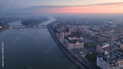 Aerial view of Hungarian Parliament Building at sunrise with the Danube river  in Budapest  Hungary