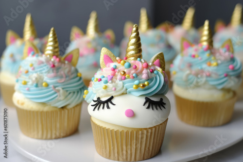 Cute unicorn theme birthday party cupcakes, ai