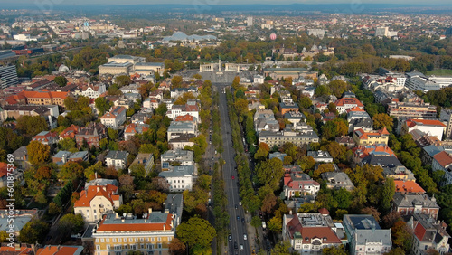 Budapest, Hungary, 4K flying above Heroes Square (Hosok tere) and Andrassy avenue on a sunny winter day